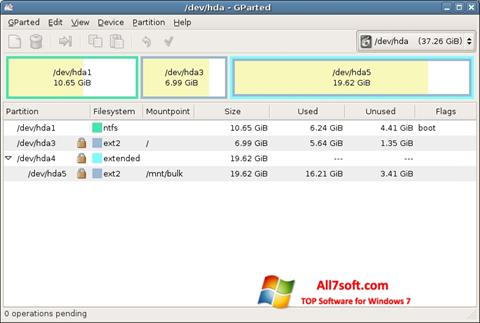 Снимка на екрана GParted за Windows 7
