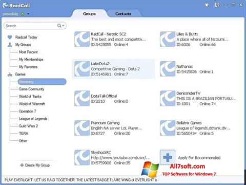 Снимка на екрана RaidCall за Windows 7