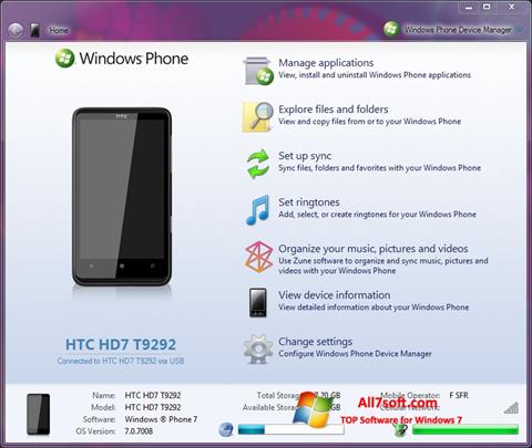 Снимка на екрана Windows Phone Device Manager за Windows 7