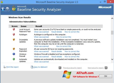 Снимка на екрана Microsoft Baseline Security Analyzer за Windows 7