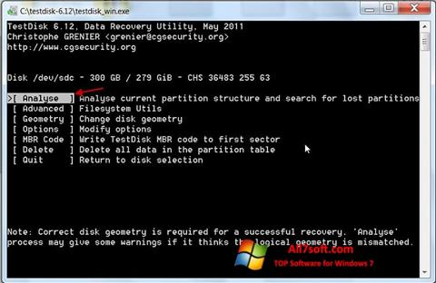 Снимка на екрана TestDisk за Windows 7