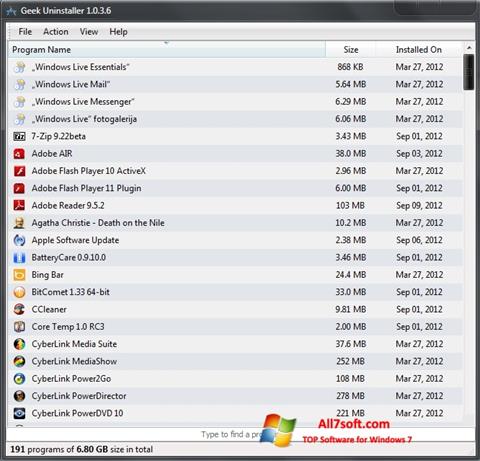 Снимка на екрана Geek Uninstaller за Windows 7