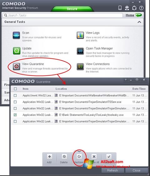 Снимка на екрана Comodo Internet Security за Windows 7