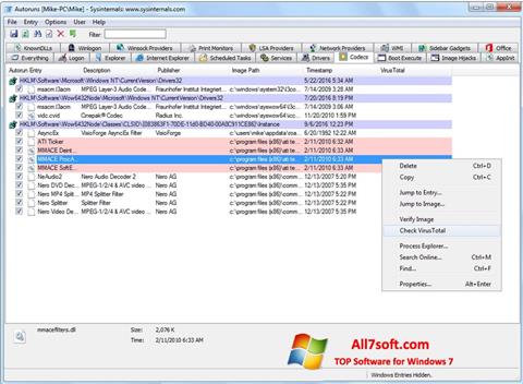 Снимка на екрана AutoRuns за Windows 7