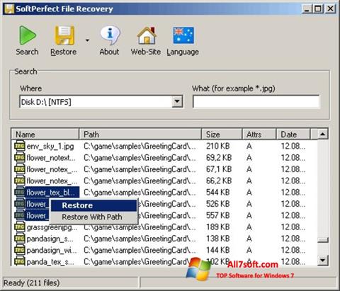 Снимка на екрана SoftPerfect File Recovery за Windows 7