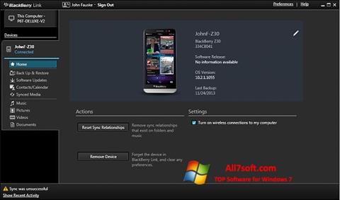 Снимка на екрана BlackBerry Link за Windows 7